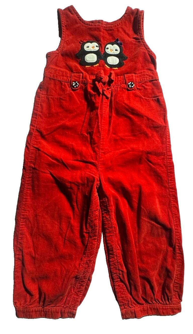 Gymboree Girls 2T Red Corduroy Penguin Applique Overalls